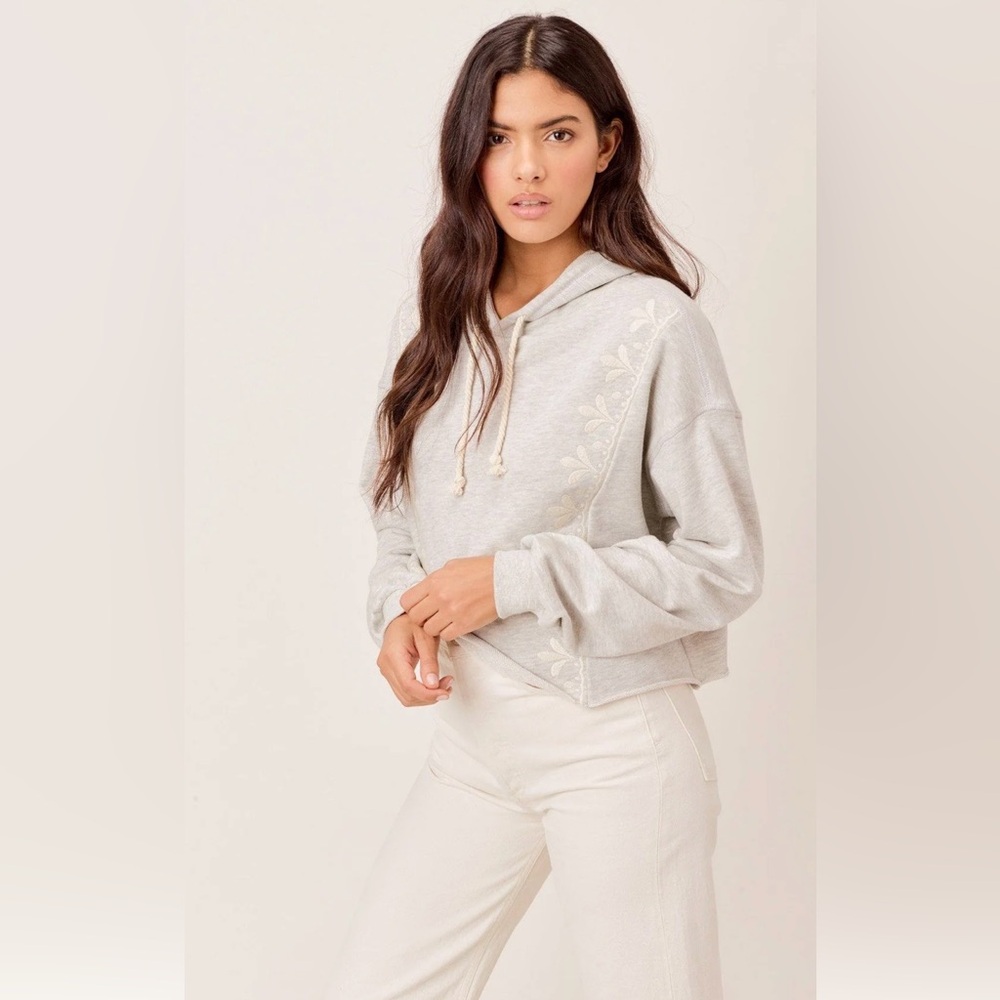 🆕 Gray Embroidered Hoodie Cropped, Raw Edge, Rope Drawstring - Picture 4 of 11